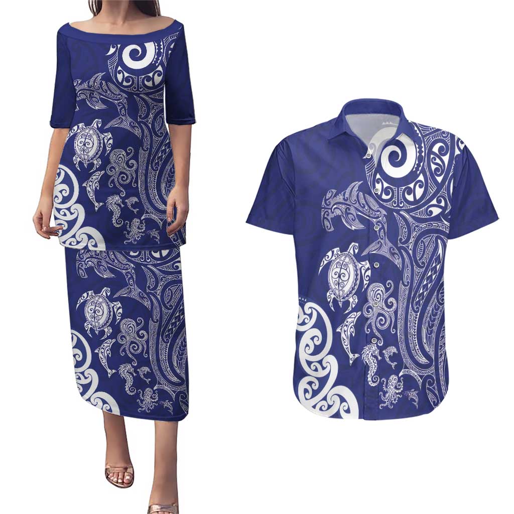 New Zealand Sea Animals with Maori Tribal Tattoo Couples Matching Puletasi and Hawaiian Shirt Blue Color LT03 Blue - Polynesian Pride