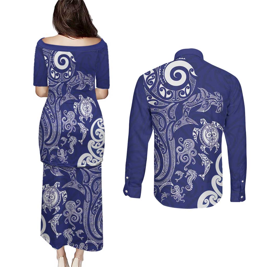 New Zealand Sea Animals with Maori Tribal Tattoo Couples Matching Puletasi and Long Sleeve Button Shirt Blue Color LT03 - Polynesian Pride