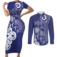 New Zealand Sea Animals with Maori Tribal Tattoo Couples Matching Short Sleeve Bodycon Dress and Long Sleeve Button Shirt Blue Color LT03 Blue - Polynesian Pride