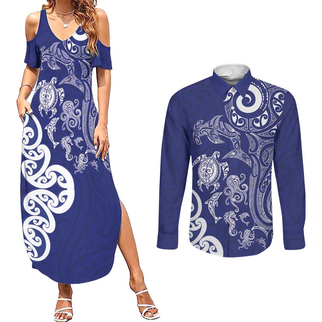 New Zealand Sea Animals with Maori Tribal Tattoo Couples Matching Summer Maxi Dress and Long Sleeve Button Shirt Blue Color LT03 Blue - Polynesian Pride