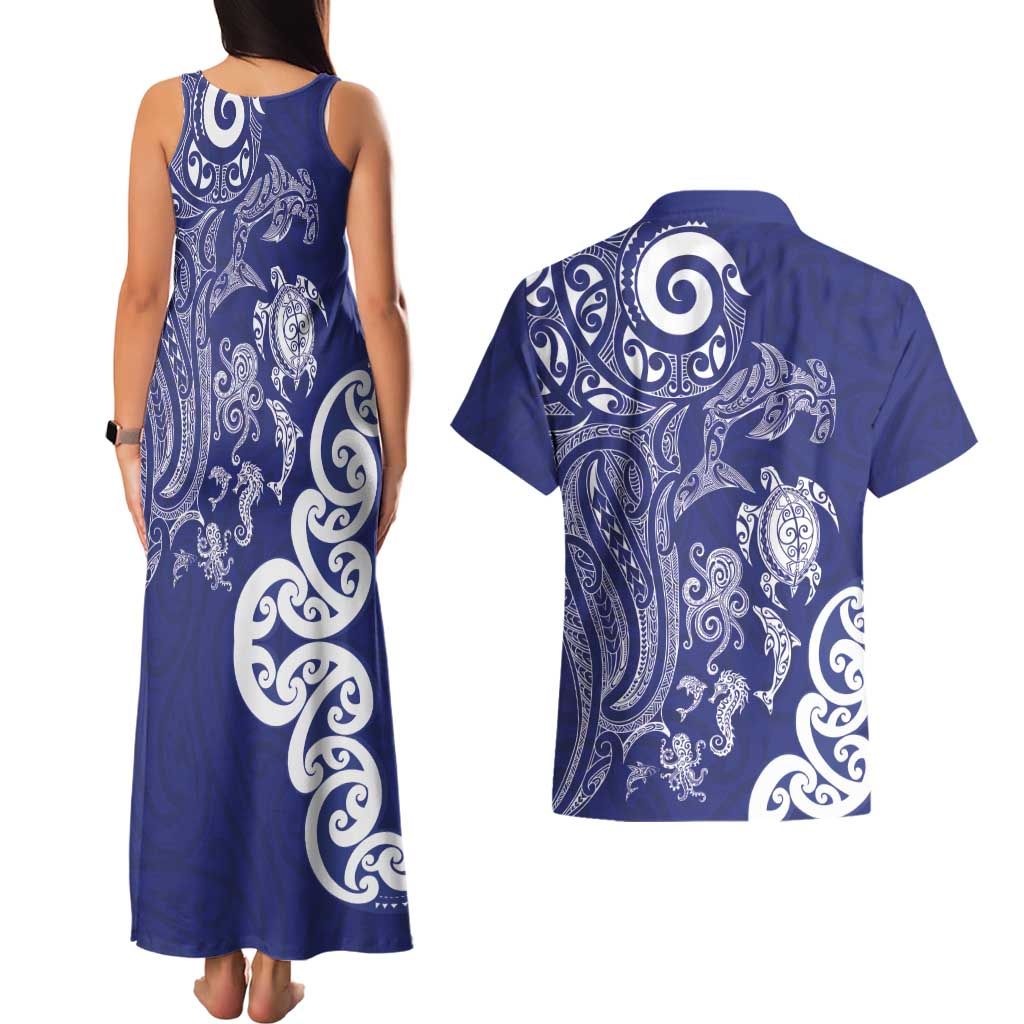 New Zealand Sea Animals with Maori Tribal Tattoo Couples Matching Tank Maxi Dress and Hawaiian Shirt Blue Color LT03 - Polynesian Pride