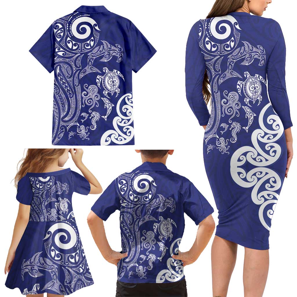 New Zealand Sea Animals with Maori Tribal Tattoo Family Matching Long Sleeve Bodycon Dress and Hawaiian Shirt Blue Color LT03 - Polynesian Pride