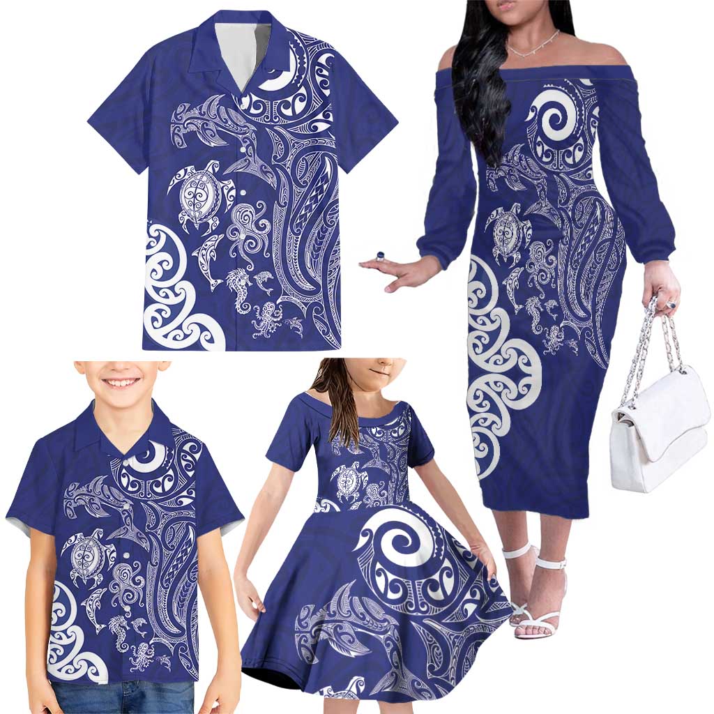 New Zealand Sea Animals with Maori Tribal Tattoo Family Matching Off The Shoulder Long Sleeve Dress and Hawaiian Shirt Blue Color