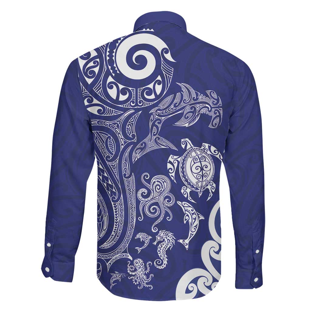 New Zealand Sea Animals with Maori Tribal Tattoo Family Matching Off Shoulder Maxi Dress and Hawaiian Shirt Blue Color LT03 - Polynesian Pride