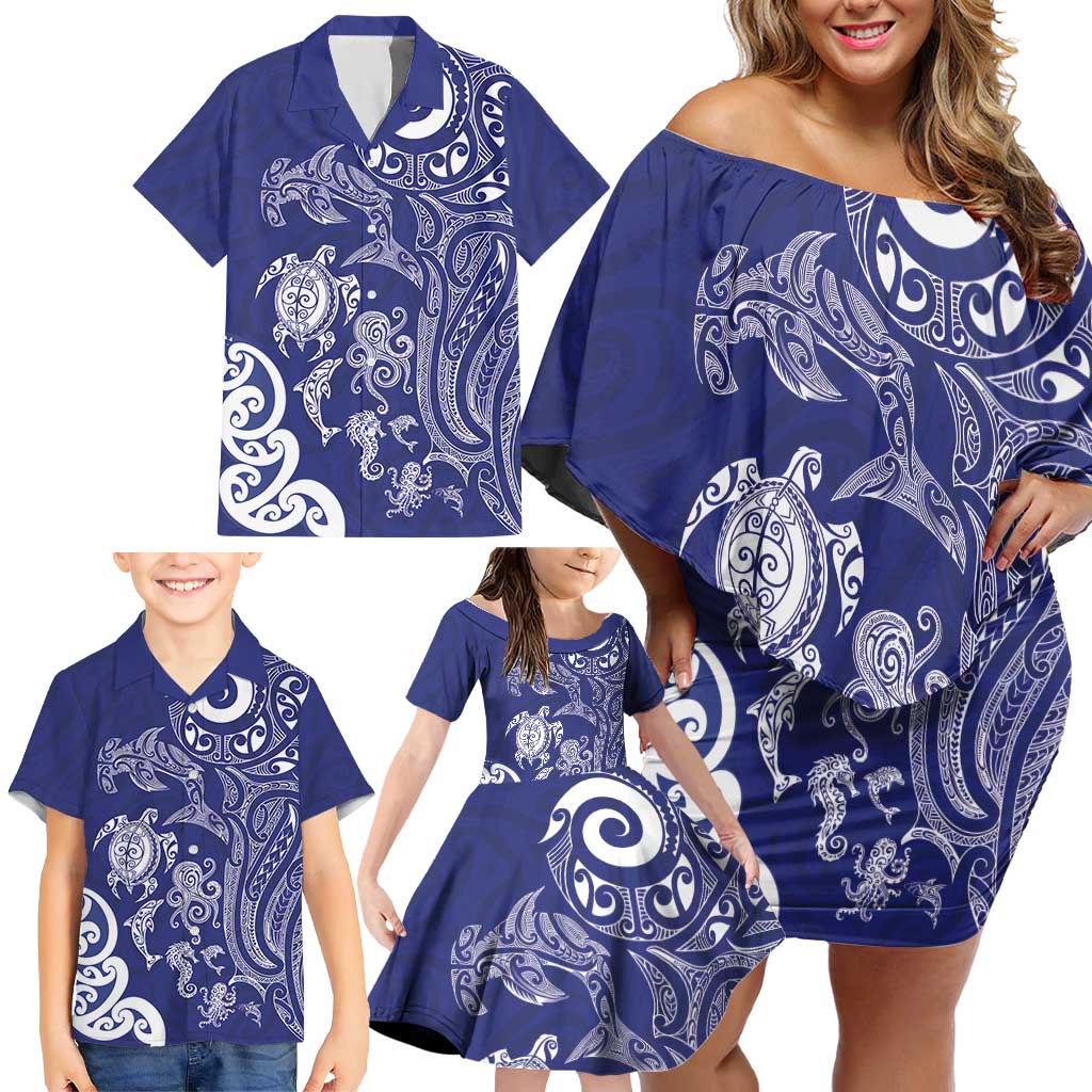 New Zealand Sea Animals with Maori Tribal Tattoo Family Matching Off Shoulder Short Dress and Hawaiian Shirt Blue Color