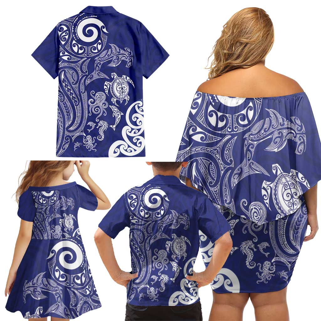 New Zealand Sea Animals with Maori Tribal Tattoo Family Matching Off Shoulder Short Dress and Hawaiian Shirt Blue Color LT03 - Polynesian Pride