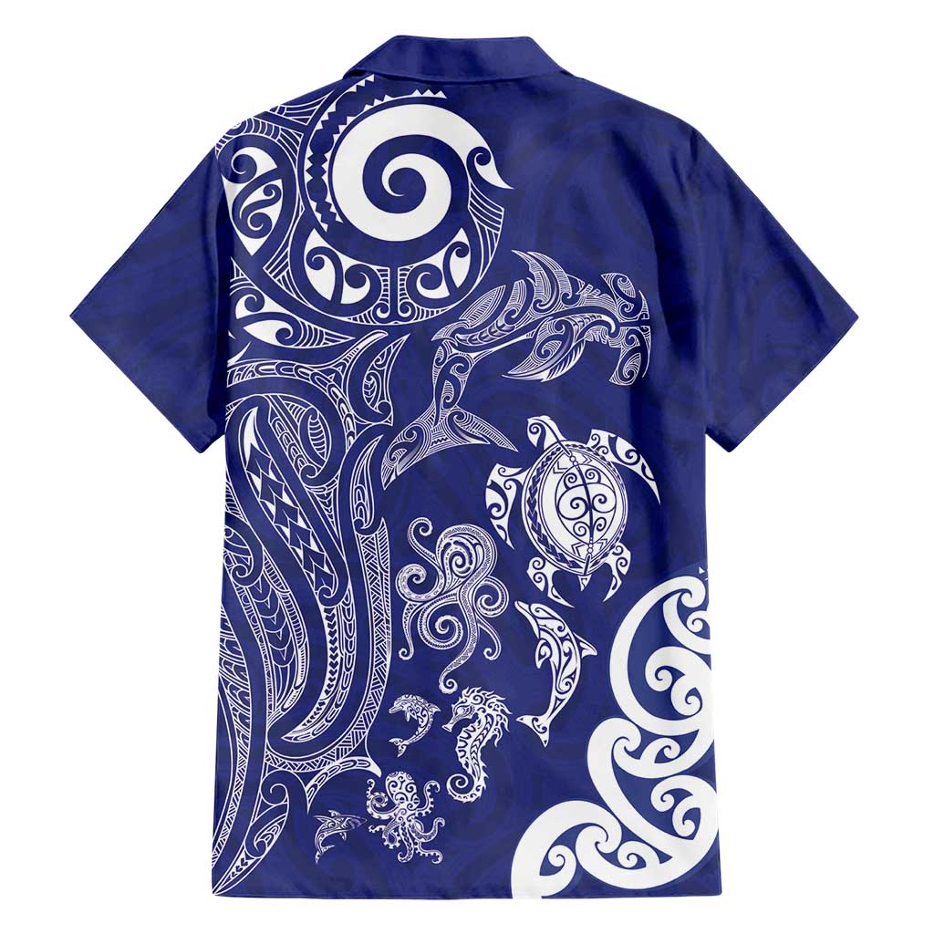 New Zealand Sea Animals with Maori Tribal Tattoo Family Matching Off Shoulder Short Dress and Hawaiian Shirt Blue Color LT03 - Polynesian Pride