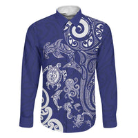 New Zealand Sea Animals with Maori Tribal Tattoo Family Matching Off Shoulder Short Dress and Hawaiian Shirt Blue Color LT03 Dad's Shirt - Long Sleeve Blue - Polynesian Pride