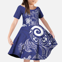 New Zealand Sea Animals with Maori Tribal Tattoo Family Matching Puletasi and Hawaiian Shirt Blue Color LT03 Daughter's Dress Blue - Polynesian Pride