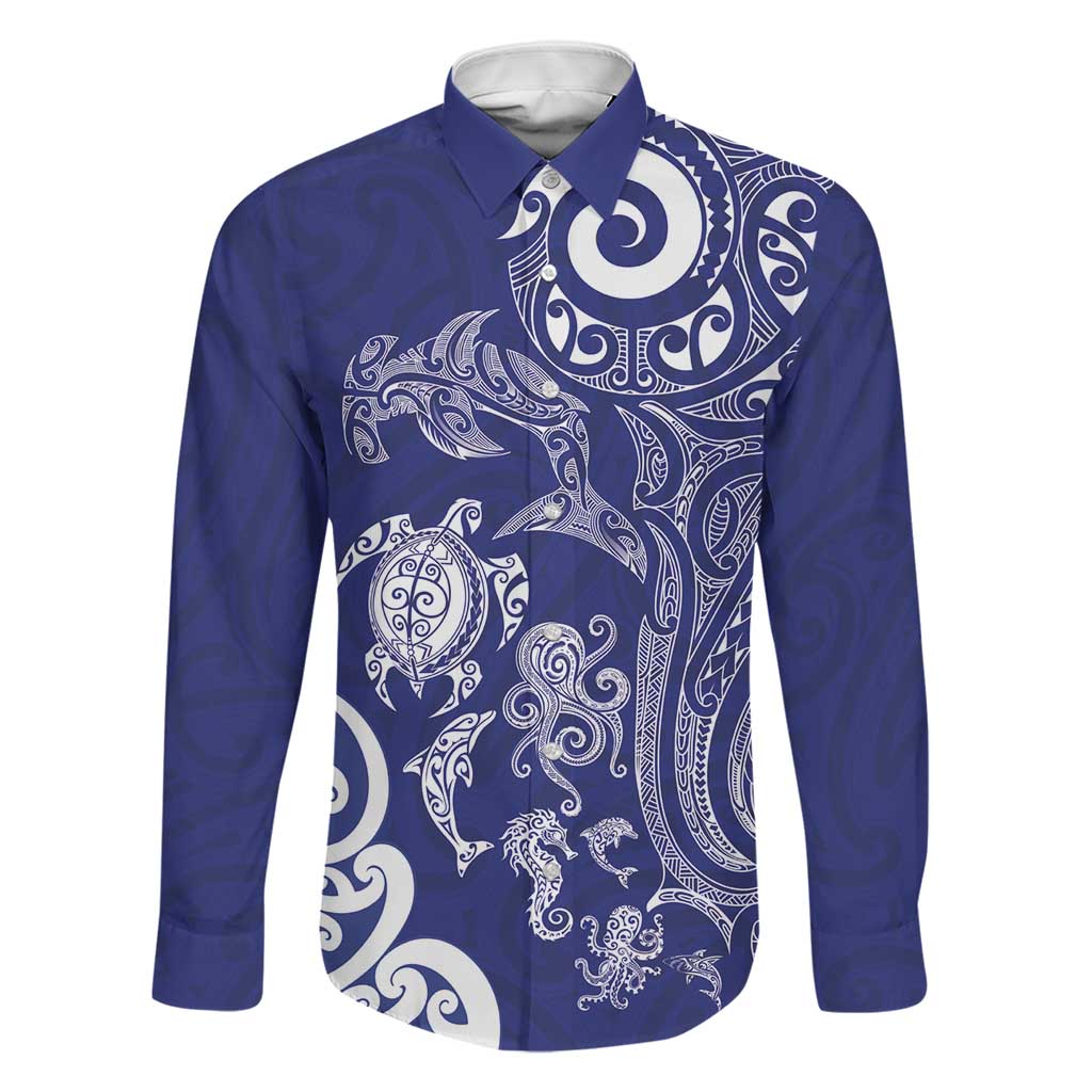 New Zealand Sea Animals with Maori Tribal Tattoo Family Matching Puletasi and Hawaiian Shirt Blue Color LT03 Dad's Shirt - Long Sleeve Blue - Polynesian Pride
