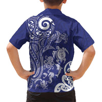 New Zealand Sea Animals with Maori Tribal Tattoo Family Matching Short Sleeve Bodycon Dress and Hawaiian Shirt Blue Color LT03 - Polynesian Pride