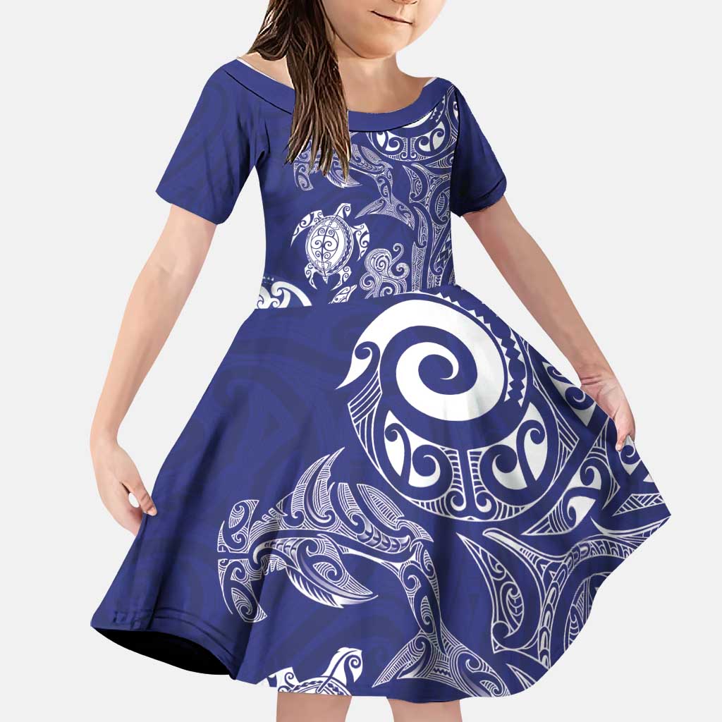 New Zealand Sea Animals with Maori Tribal Tattoo Family Matching Short Sleeve Bodycon Dress and Hawaiian Shirt Blue Color LT03 Daughter's Dress Blue - Polynesian Pride