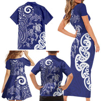 New Zealand Sea Animals with Maori Tribal Tattoo Family Matching Short Sleeve Bodycon Dress and Hawaiian Shirt Blue Color LT03 - Polynesian Pride