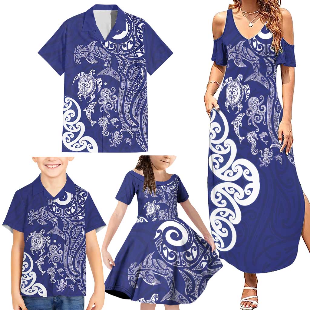 New Zealand Sea Animals with Maori Tribal Tattoo Family Matching Summer Maxi Dress and Hawaiian Shirt Blue Color LT03 - Polynesian Pride
