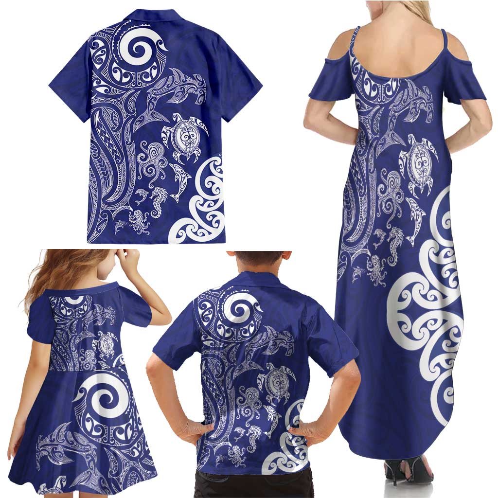 New Zealand Sea Animals with Maori Tribal Tattoo Family Matching Summer Maxi Dress and Hawaiian Shirt Blue Color LT03 - Polynesian Pride