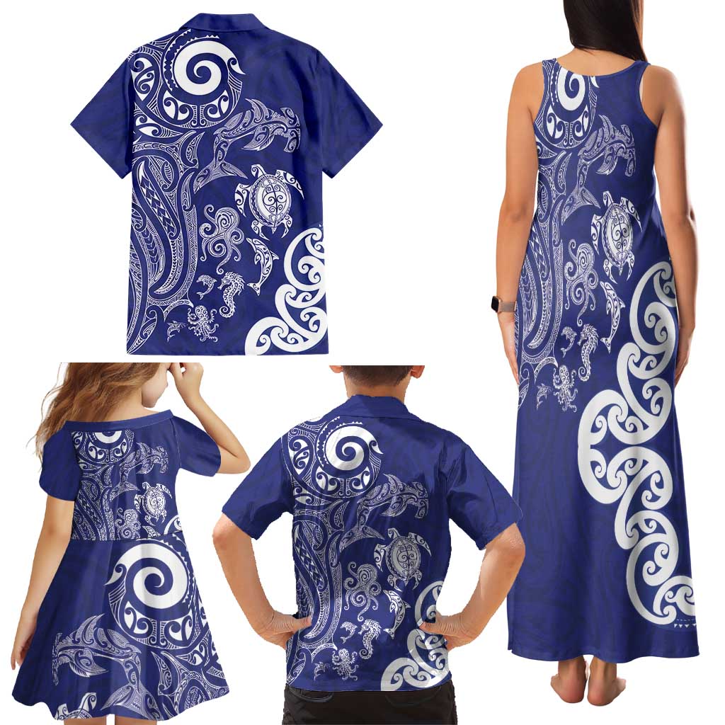 New Zealand Sea Animals with Maori Tribal Tattoo Family Matching Tank Maxi Dress and Hawaiian Shirt Blue Color LT03 - Polynesian Pride