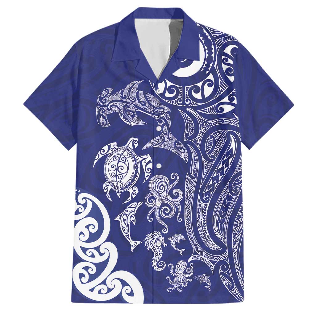 New Zealand Sea Animals with Maori Tribal Tattoo Family Matching Tank Maxi Dress and Hawaiian Shirt Blue Color LT03 Dad's Shirt - Short Sleeve Blue - Polynesian Pride