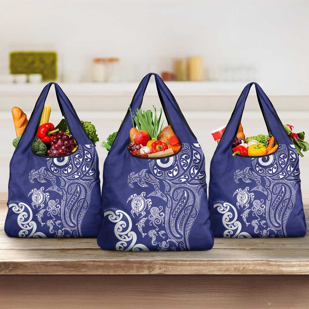 New Zealand Sea Animals with Maori Tribal Tattoo Grocery Bag Blue Color LT03 3-pack One Size Blue - Polynesian Pride
