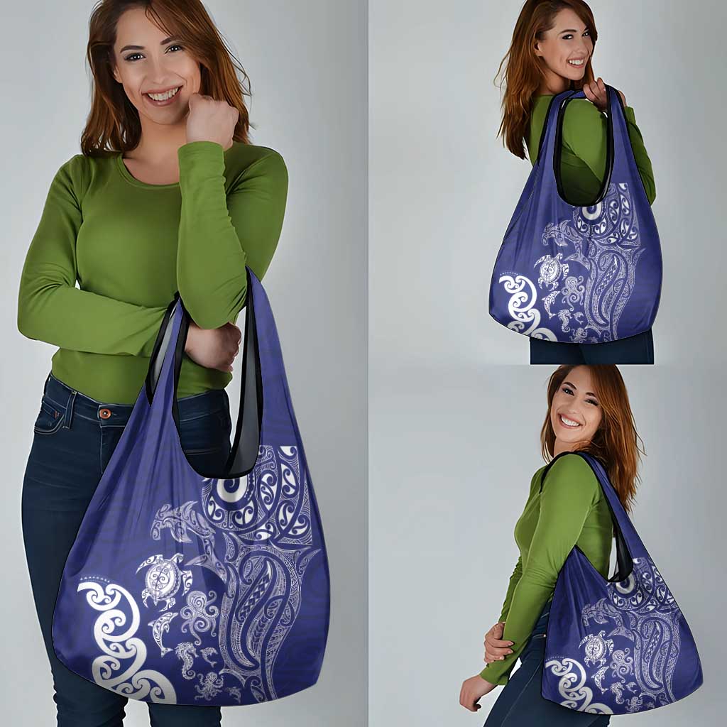 New Zealand Sea Animals with Maori Tribal Tattoo Grocery Bag Blue Color LT03 - Polynesian Pride