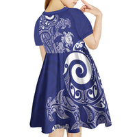 New Zealand Sea Animals with Maori Tribal Tattoo Kid Short Sleeve Dress Blue Color LT03 - Polynesian Pride