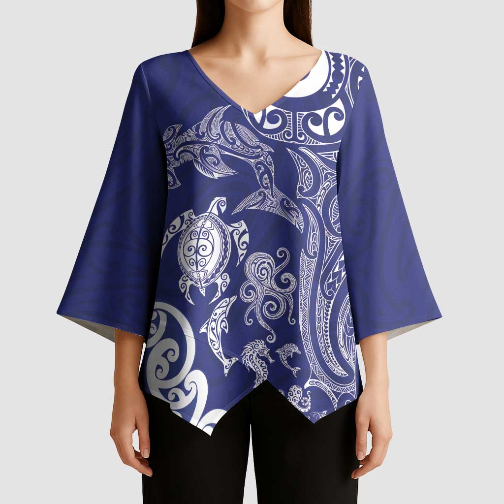 New Zealand Sea Animals with Maori Tribal Tattoo Kimono Sleeve Blouse Blue Color LT03 - Polynesian Pride