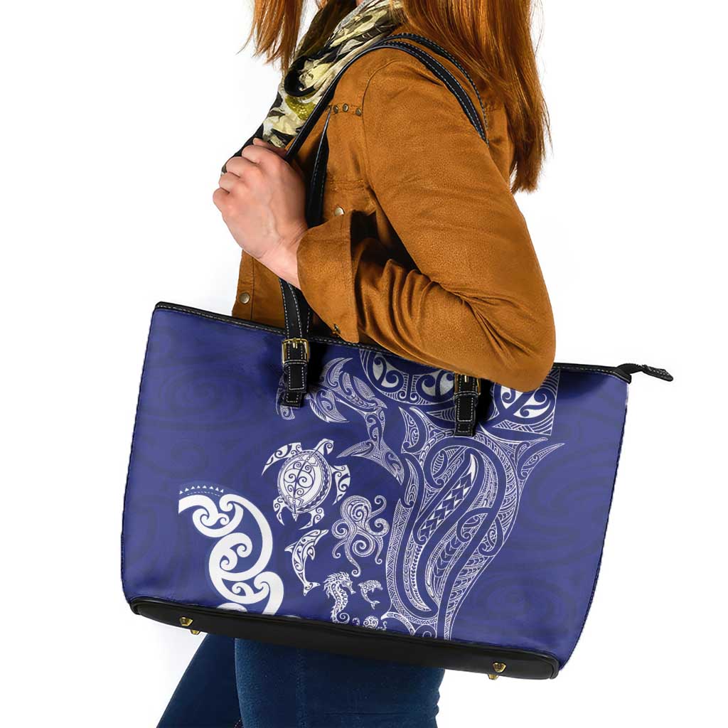 New Zealand Sea Animals with Maori Tribal Tattoo Leather Tote Bag Blue Color LT03 Blue - Polynesian Pride
