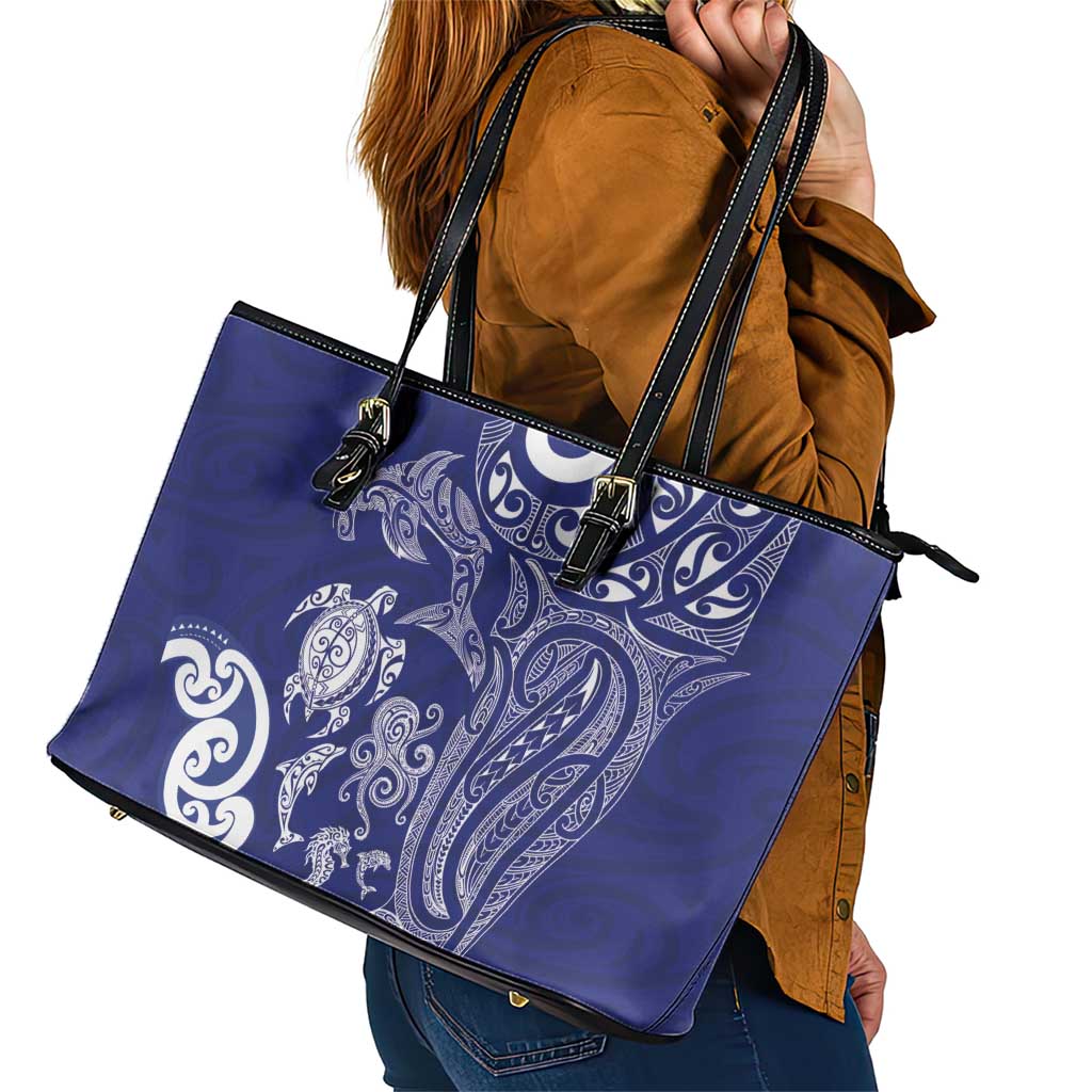 New Zealand Sea Animals with Maori Tribal Tattoo Leather Tote Bag Blue Color LT03 - Polynesian Pride