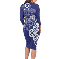 New Zealand Sea Animals with Maori Tribal Tattoo Long Sleeve Bodycon Dress Blue Color LT03 - Polynesian Pride