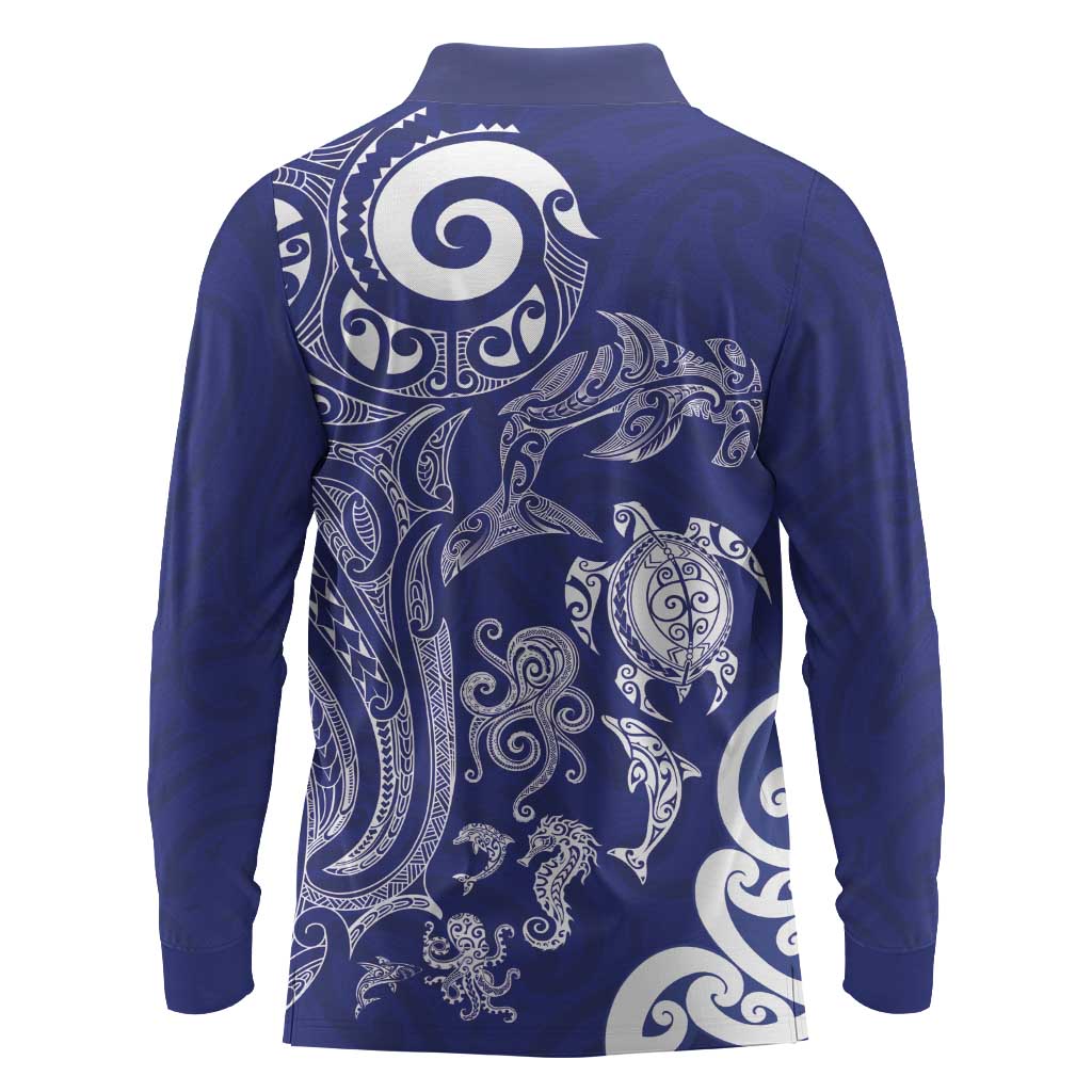 New Zealand Sea Animals with Maori Tribal Tattoo Long Sleeve Polo Shirt Blue Color LT03 - Polynesian Pride
