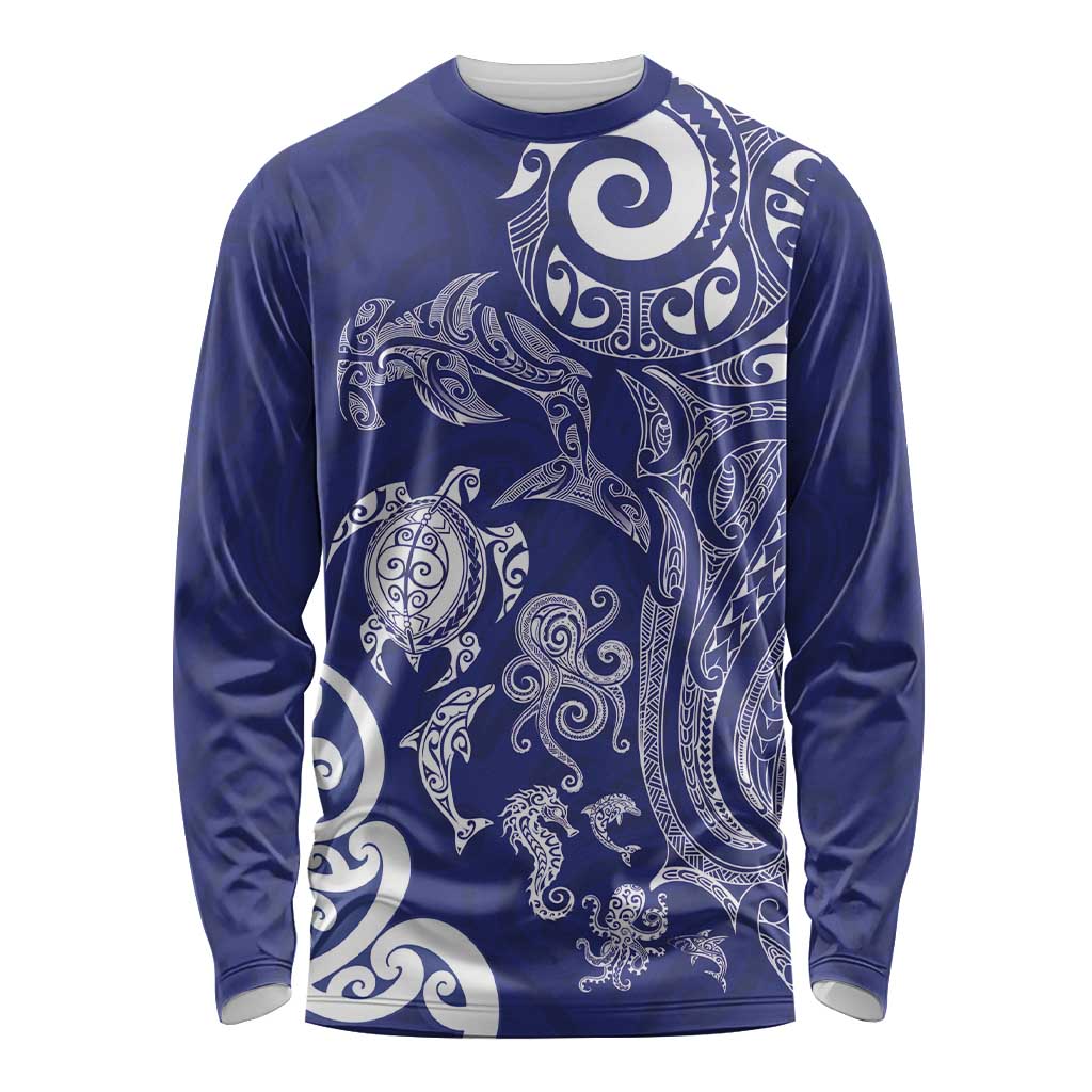 New Zealand Sea Animals with Maori Tribal Tattoo Long Sleeve Shirt Blue Color LT03 Unisex Blue - Polynesian Pride