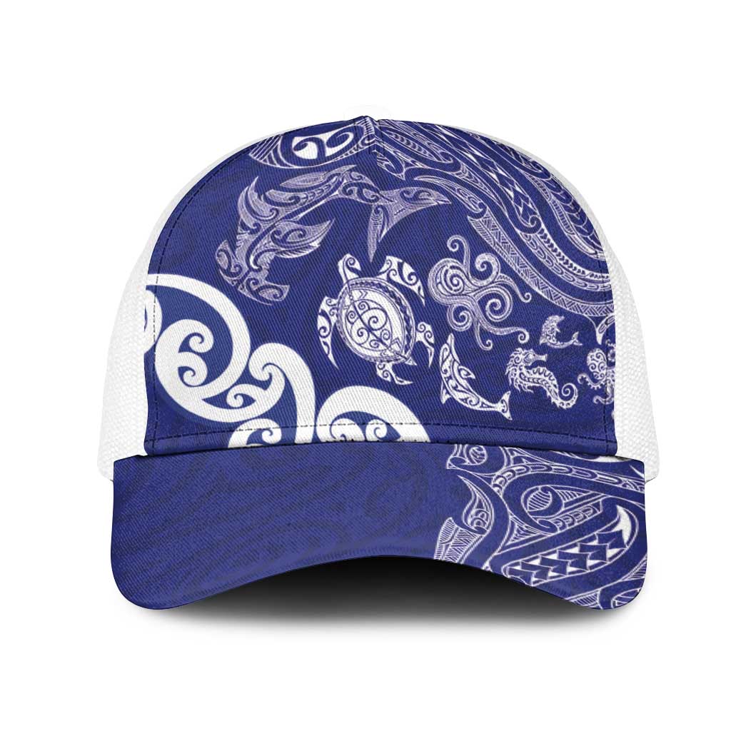 New Zealand Sea Animals with Maori Tribal Tattoo Mesh Trucker Cap Blue Color LT03 One Size White Blue - Polynesian Pride