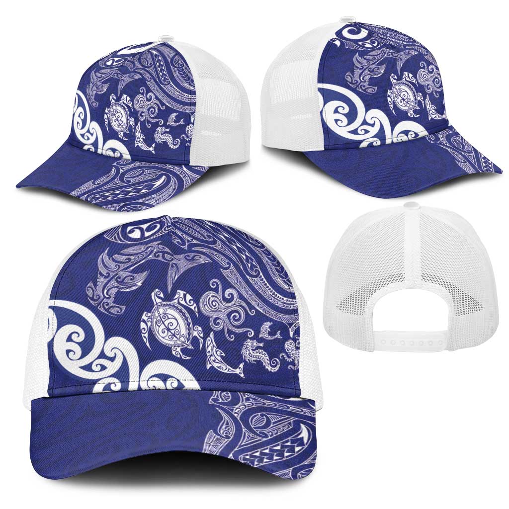 New Zealand Sea Animals with Maori Tribal Tattoo Mesh Trucker Cap Blue Color LT03 - Polynesian Pride