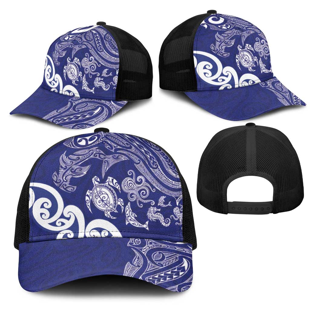 New Zealand Sea Animals with Maori Tribal Tattoo Mesh Trucker Cap Blue Color LT03 - Polynesian Pride