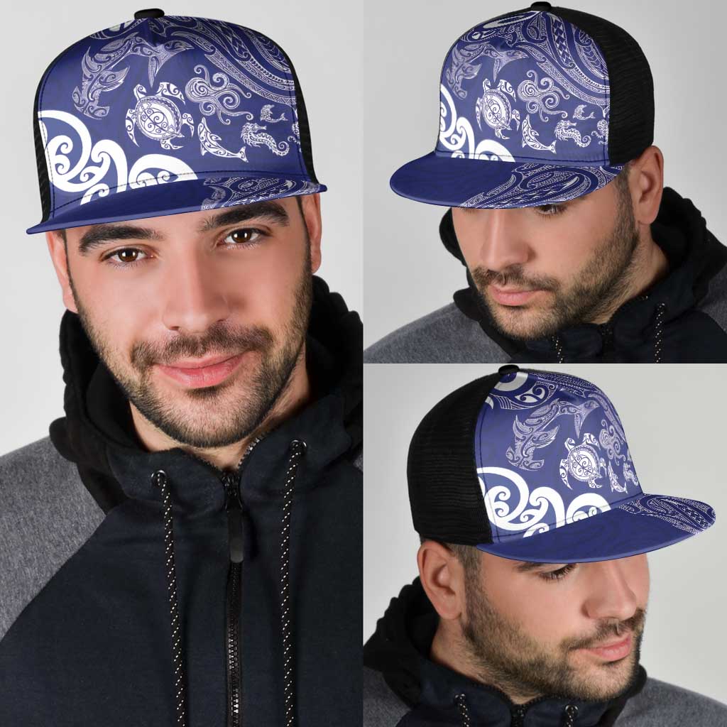 New Zealand Sea Animals with Maori Tribal Tattoo Mesh Trucker Cap Blue Color LT03 - Polynesian Pride