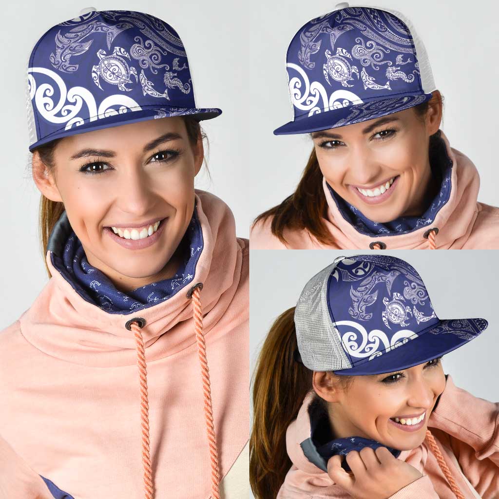 New Zealand Sea Animals with Maori Tribal Tattoo Mesh Trucker Cap Blue Color LT03 - Polynesian Pride