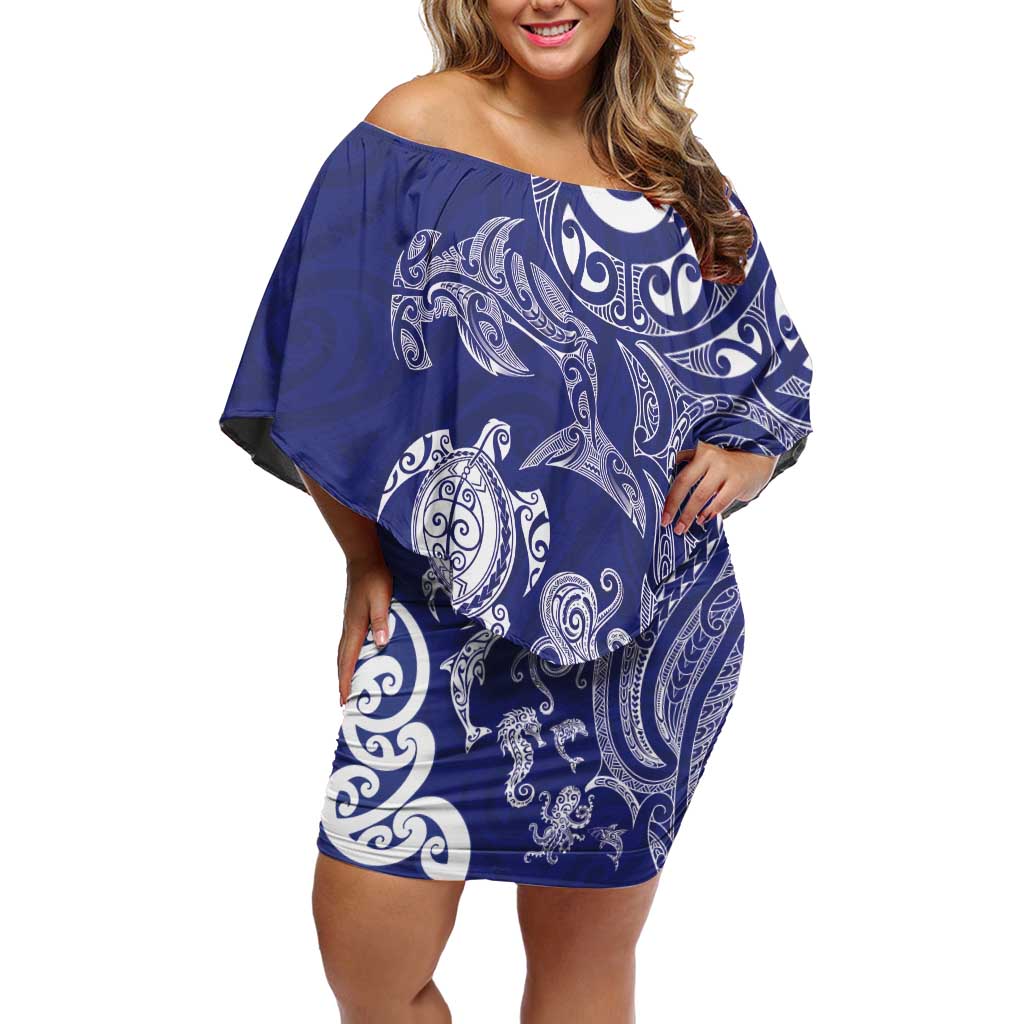 New Zealand Sea Animals with Maori Tribal Tattoo Off Shoulder Short Dress Blue Color LT03 Women Blue - Polynesian Pride