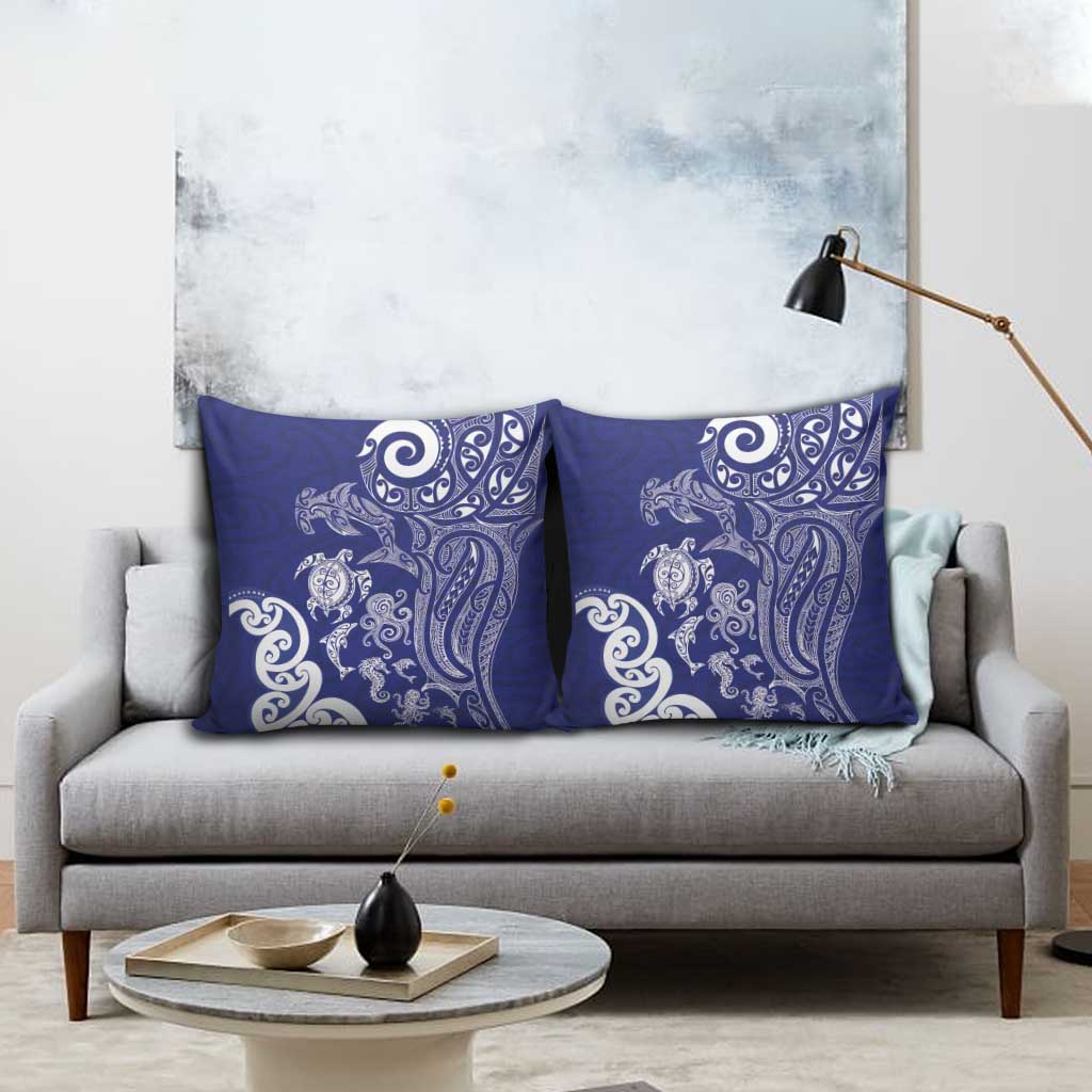 New Zealand Sea Animals with Maori Tribal Tattoo Pillow Cover Blue Color LT03 - Polynesian Pride