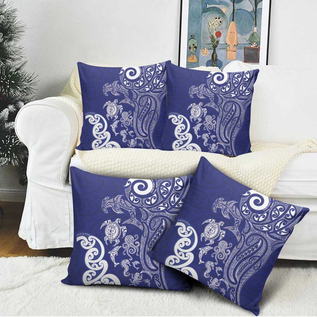 New Zealand Sea Animals with Maori Tribal Tattoo Pillow Cover Blue Color LT03 - Polynesian Pride