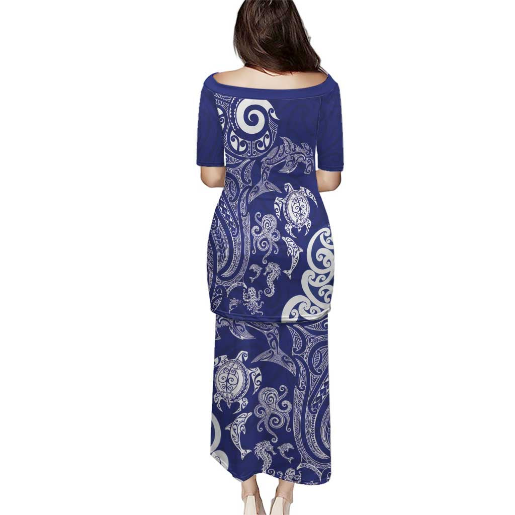 New Zealand Sea Animals with Maori Tribal Tattoo Puletasi Blue Color LT03 - Polynesian Pride