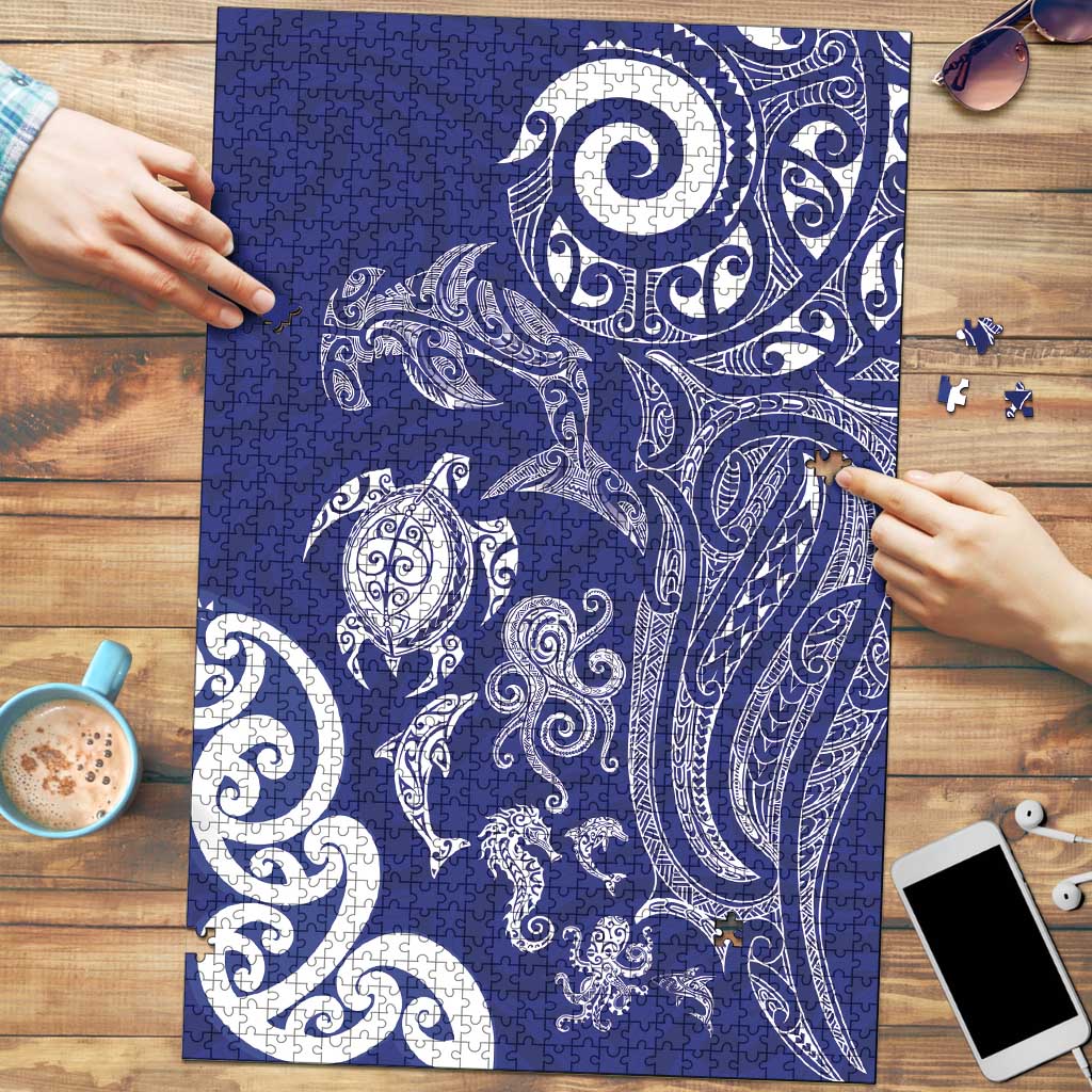 New Zealand Sea Animals with Maori Tribal Tattoo Puzzle Blue Color LT03 Blue - Polynesian Pride