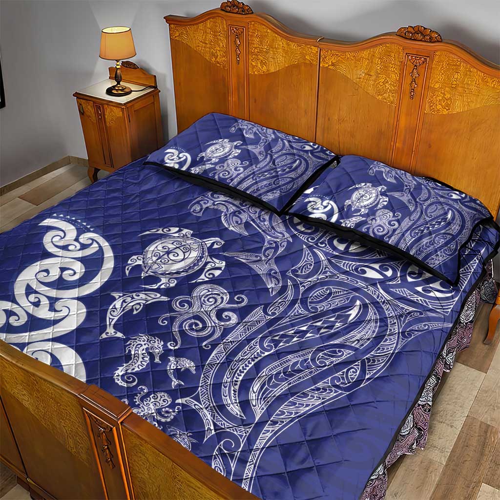 New Zealand Sea Animals with Maori Tribal Tattoo Quilt Bed Set Blue Color LT03 - Polynesian Pride