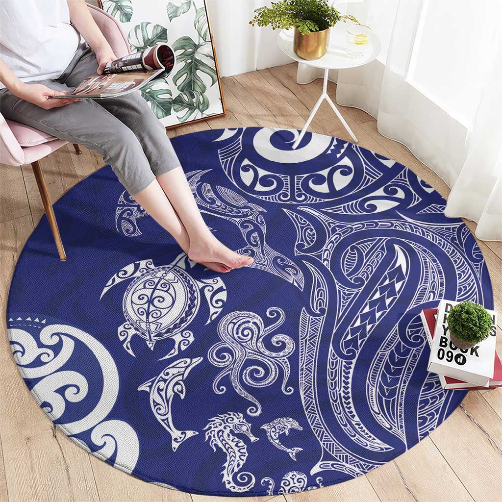 New Zealand Sea Animals with Maori Tribal Tattoo Round Carpet Blue Color LT03 - Polynesian Pride
