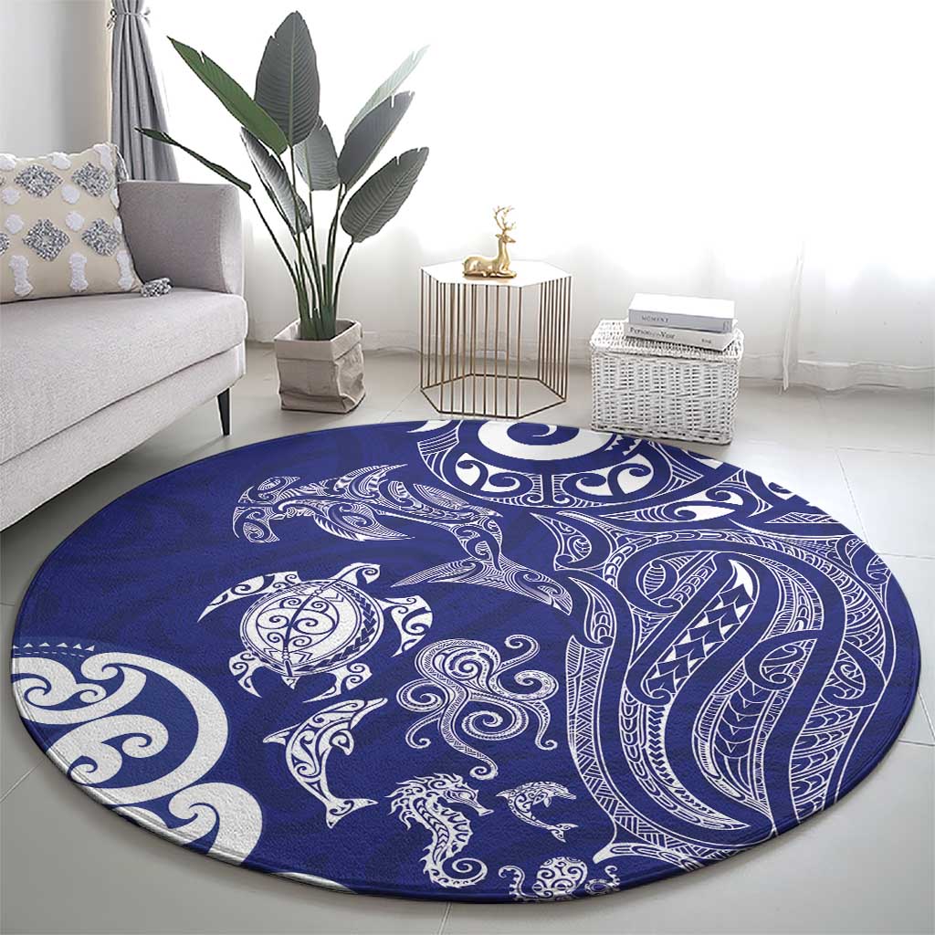 New Zealand Sea Animals with Maori Tribal Tattoo Round Carpet Blue Color LT03 - Polynesian Pride