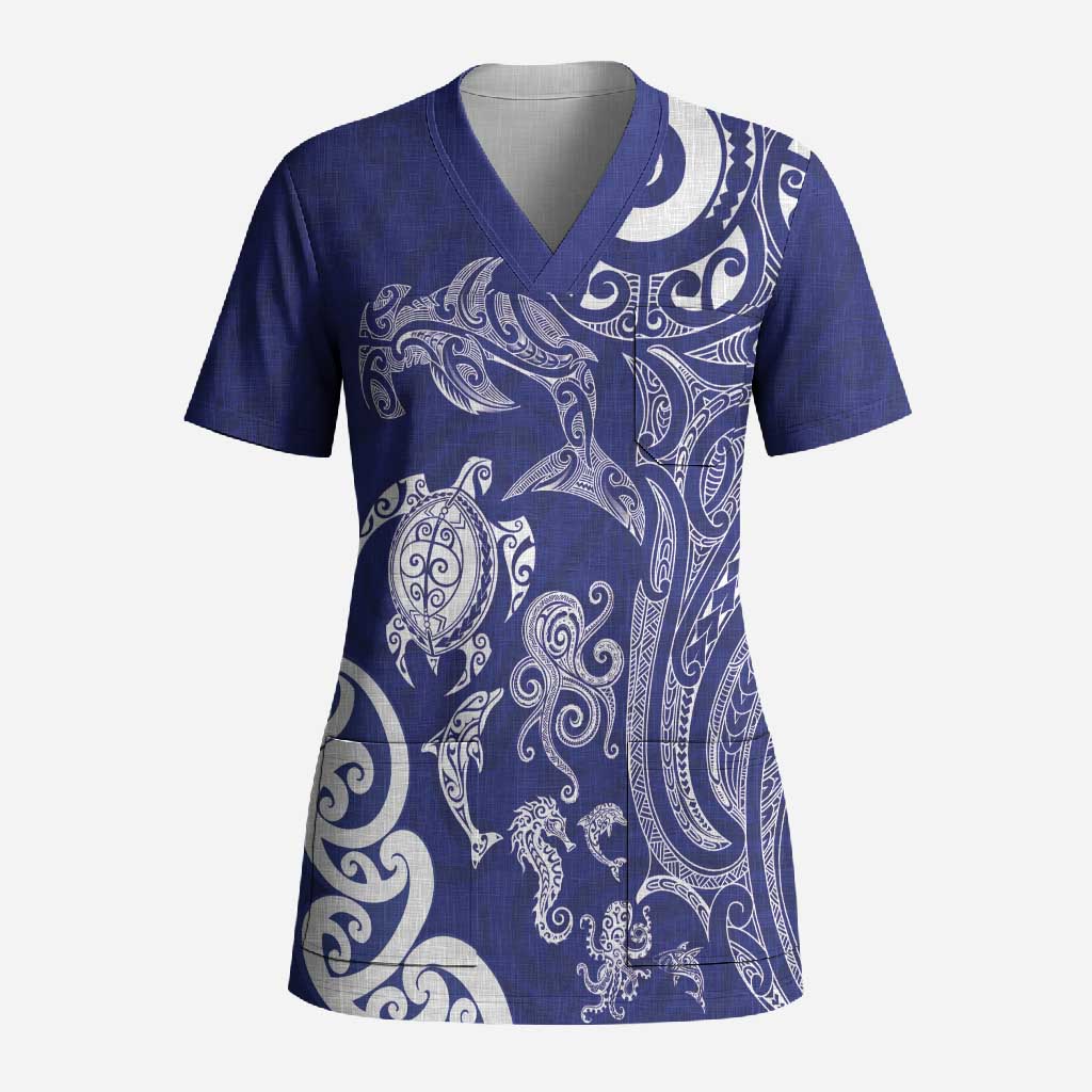New Zealand Sea Animals with Maori Tribal Tattoo Scrub Top Blue Color LT03 Adult Blue - Polynesian Pride