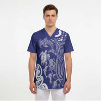 New Zealand Sea Animals with Maori Tribal Tattoo Scrub Top Blue Color LT03 - Polynesian Pride