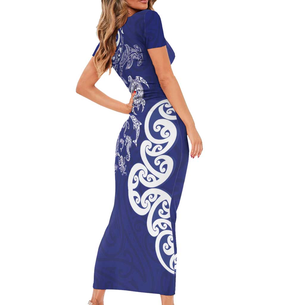New Zealand Sea Animals with Maori Tribal Tattoo Short Sleeve Bodycon Dress Blue Color LT03 - Polynesian Pride