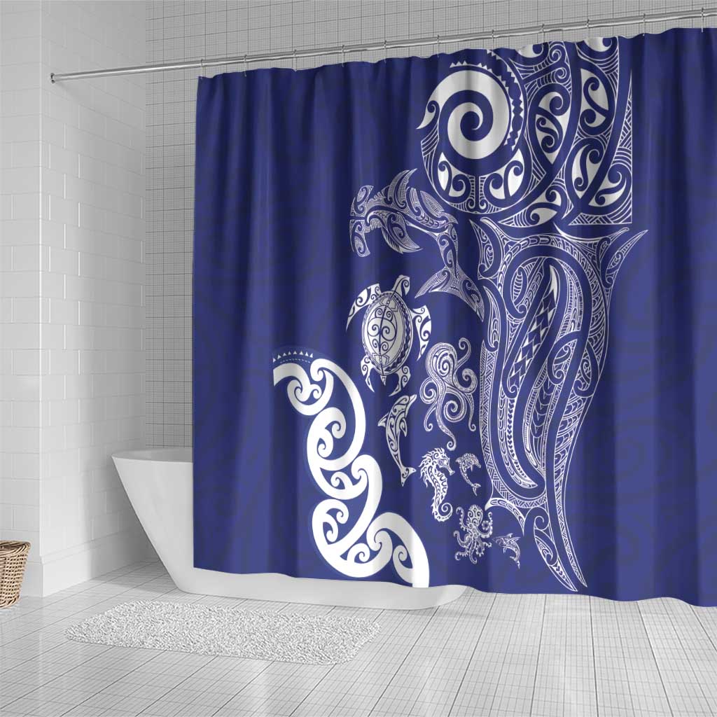 New Zealand Sea Animals with Maori Tribal Tattoo Shower Curtain Blue Color LT03 - Polynesian Pride