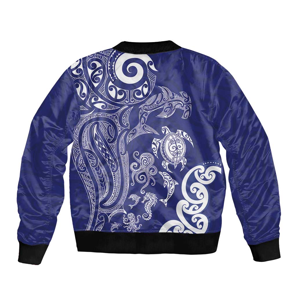 New Zealand Sea Animals with Maori Tribal Tattoo Sleeve Zip Bomber Jacket Blue Color LT03 - Polynesian Pride