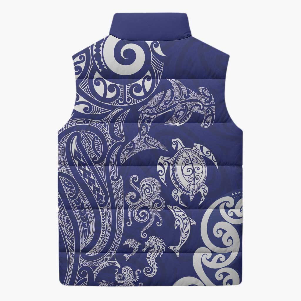 New Zealand Sea Animals with Maori Tribal Tattoo Sleeveless Puffer Jacket Blue Color LT03 - Polynesian Pride