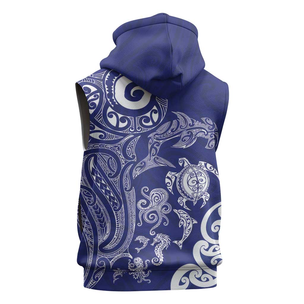 New Zealand Sea Animals with Maori Tribal Tattoo Sleeveless Zip Hoodie Blue Color LT03 - Polynesian Pride